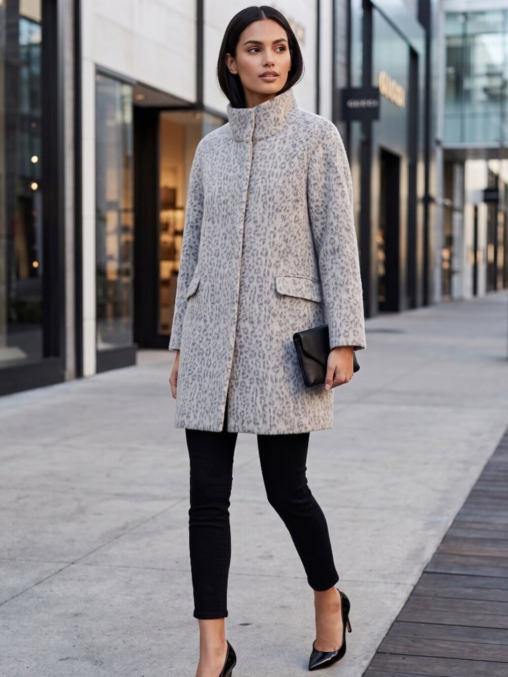 Zara Beige and Gray Leopard-Print Wool Blend Pea Coat